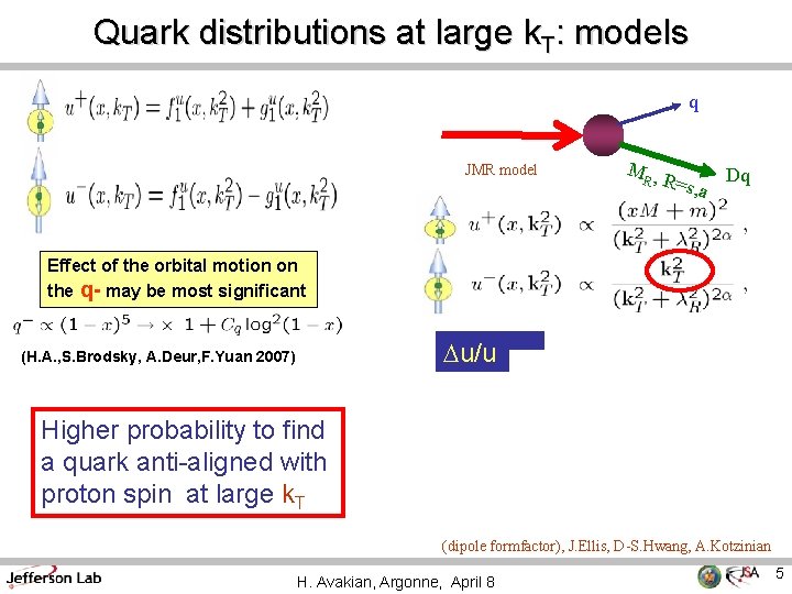 Quark distributions at large k. T: models q JMR model MR , R=s, a