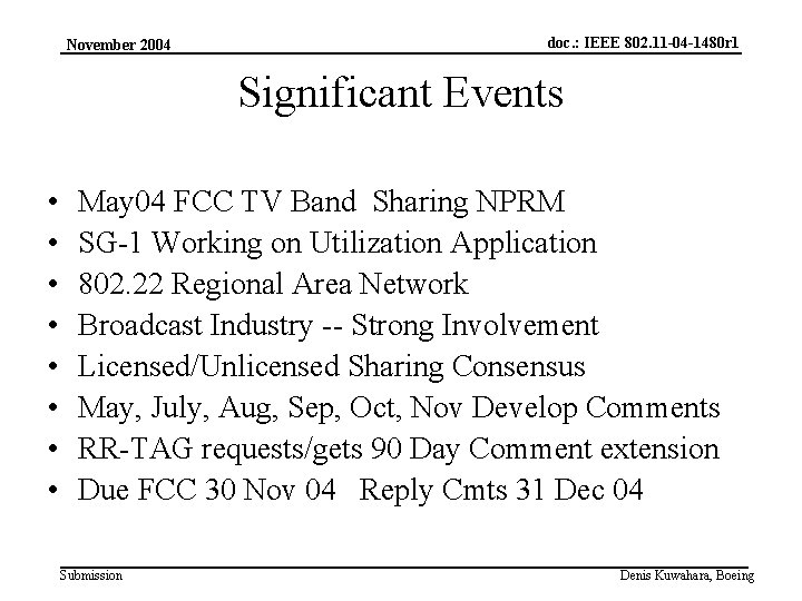 November 2004 doc. : IEEE 802. 11 -04 -1480 r 1 Significant Events •