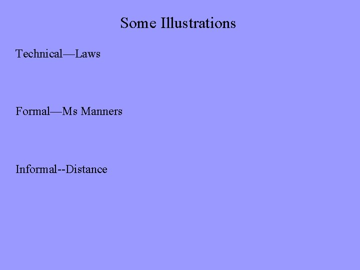 Some Illustrations Technical—Laws Formal—Ms Manners Informal--Distance 