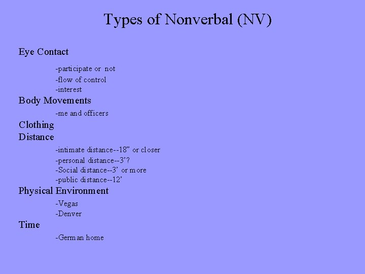 Types of Nonverbal (NV) Eye Contact -participate or not -flow of control -interest Body