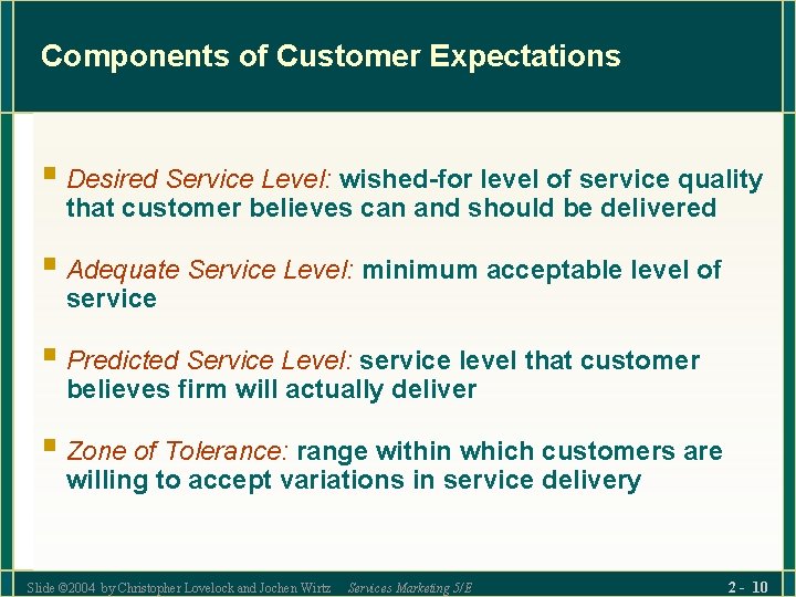 Components of Customer Expectations § Desired Service Level: wished-for level of service quality that