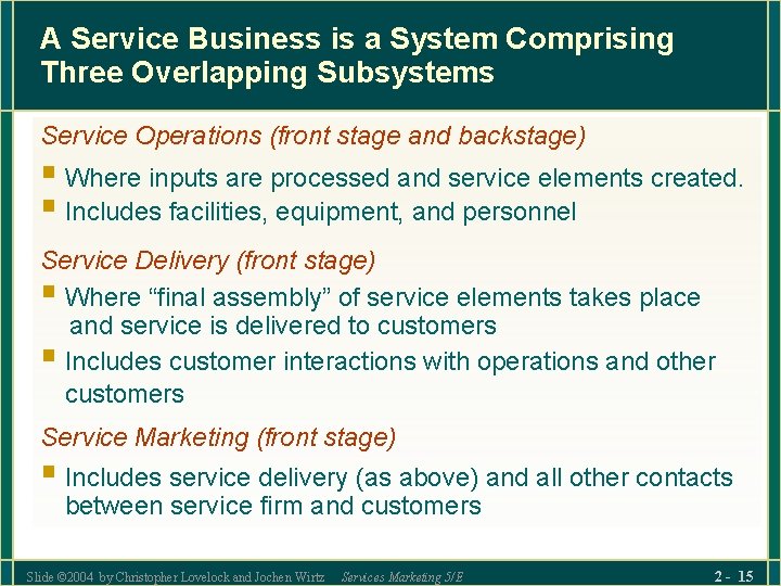 A Service Business is a System Comprising Three Overlapping Subsystems Service Operations (front stage