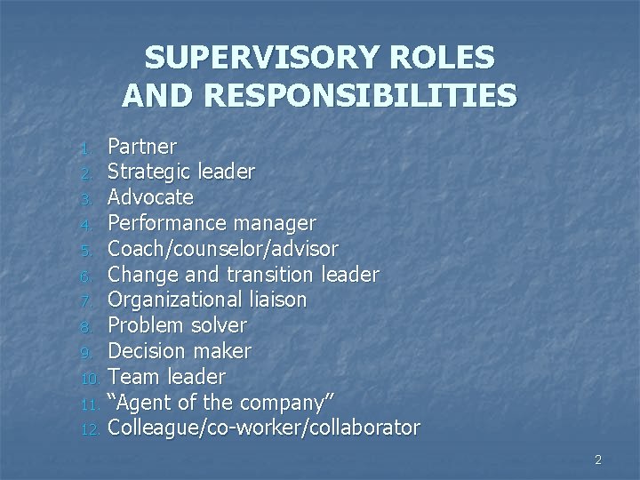 SUPERVISORY ROLES AND RESPONSIBILITIES Partner 2. Strategic leader 3. Advocate 4. Performance manager 5.