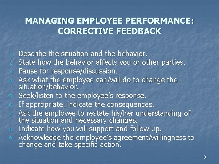 MANAGING EMPLOYEE PERFORMANCE: CORRECTIVE FEEDBACK 1. 2. 3. 4. 5. 6. 7. 8. 9.