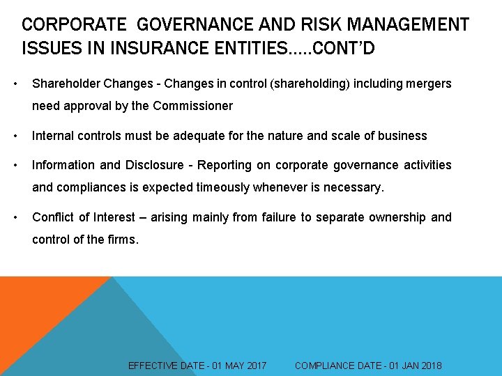 CORPORATE GOVERNANCE AND RISK MANAGEMENT ISSUES IN INSURANCE ENTITIES…. . CONT’D • Shareholder Changes