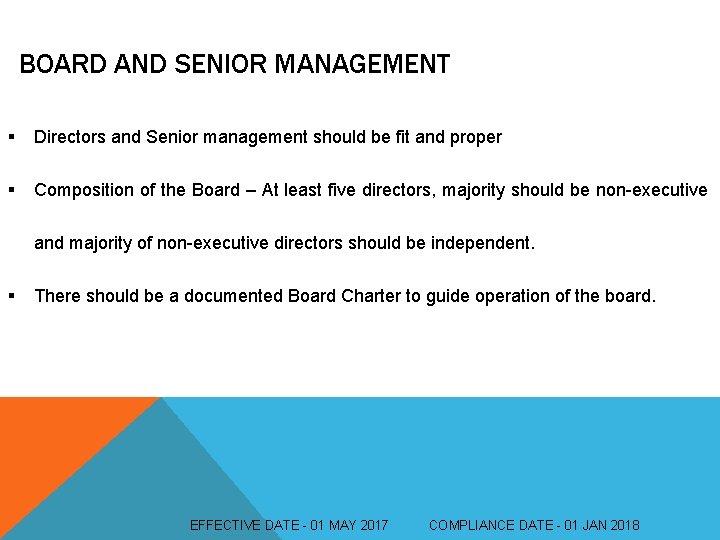 BOARD AND SENIOR MANAGEMENT § Directors and Senior management should be fit and proper