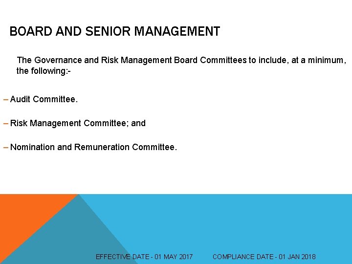 BOARD AND SENIOR MANAGEMENT § The Governance and Risk Management Board Committees to include,