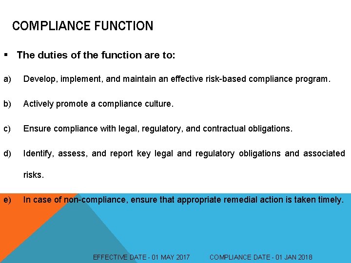 COMPLIANCE FUNCTION § The duties of the function are to: a) Develop, implement, and