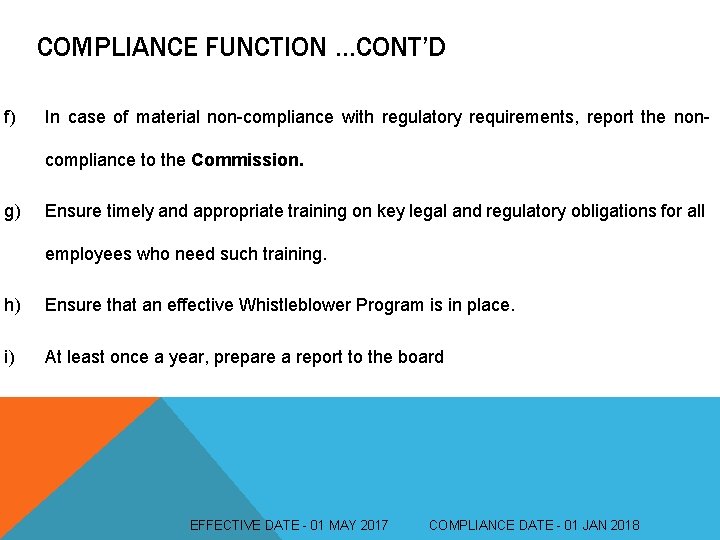 COMPLIANCE FUNCTION …CONT’D f) In case of material non-compliance with regulatory requirements, report the