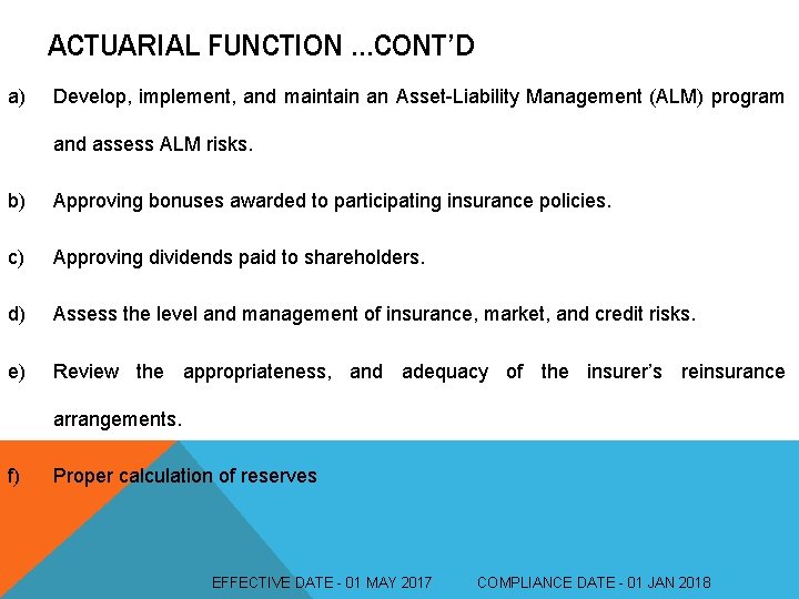 ACTUARIAL FUNCTION …CONT’D a) Develop, implement, and maintain an Asset-Liability Management (ALM) program and