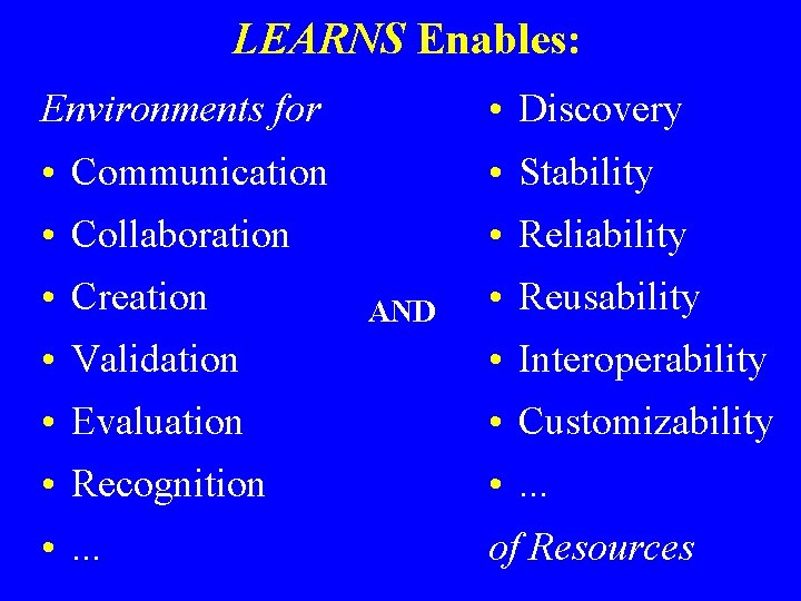 LEARNS Enables: Environments for • Discovery • Communication • Stability • Collaboration • Reliability