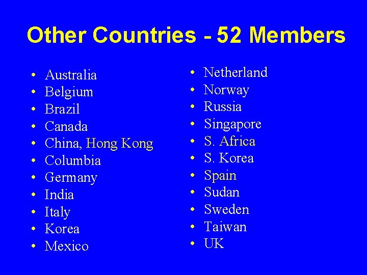 Other Countries - 52 Members • • • Australia Belgium Brazil Canada China, Hong