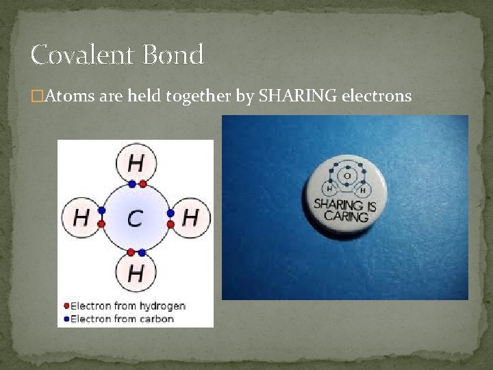 Covalent Bond �Atoms are held together by SHARING electrons 