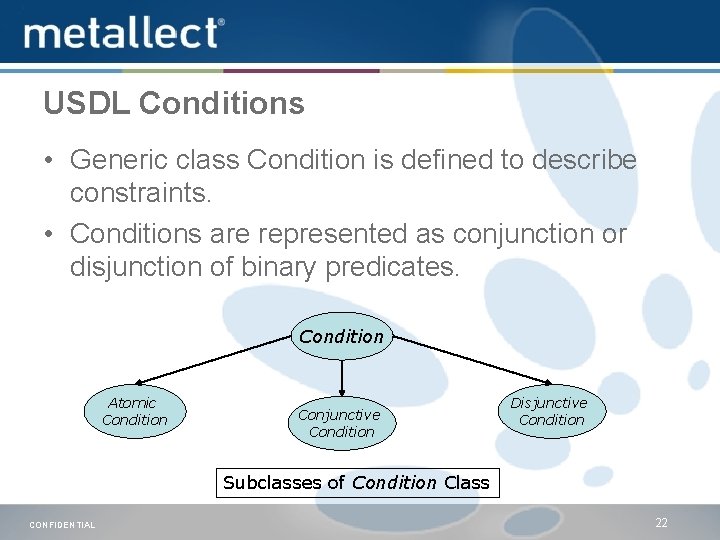 USDL Conditions • Generic class Condition is defined to describe constraints. • Conditions are