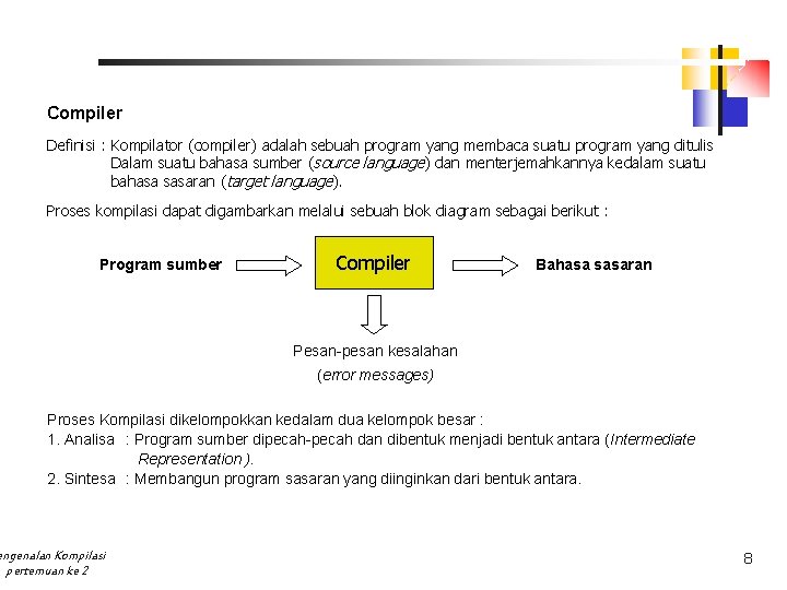 Compiler Definisi : Kompilator (compiler) adalah sebuah program yang membaca suatu program yang ditulis