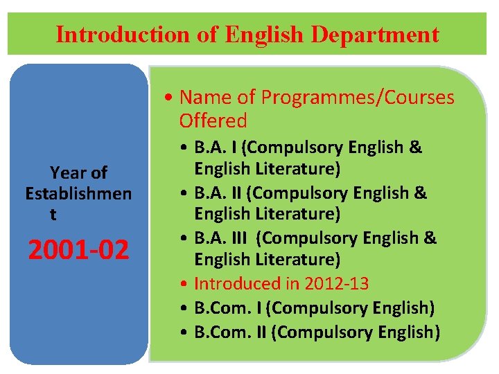 Introduction of English Department • Name of Programmes/Courses Offered Year of Establishmen t 2001