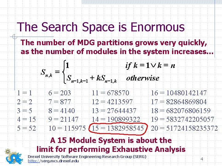 The Search Space is Enormous The number of MDG partitions grows very quickly, as