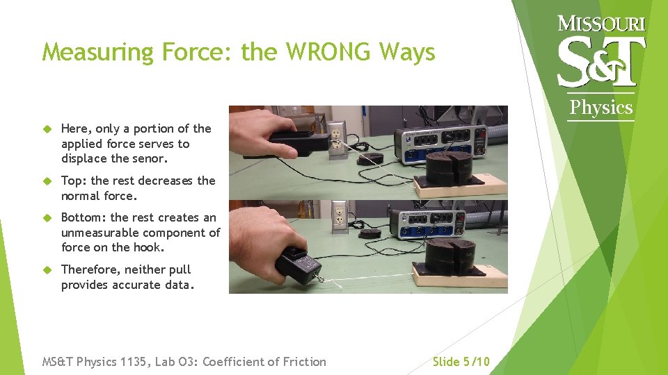Measuring Force: the WRONG Ways Physics Here, only a portion of the applied force Measuring Force: the WRONG Ways Physics Here, only a portion of the applied force