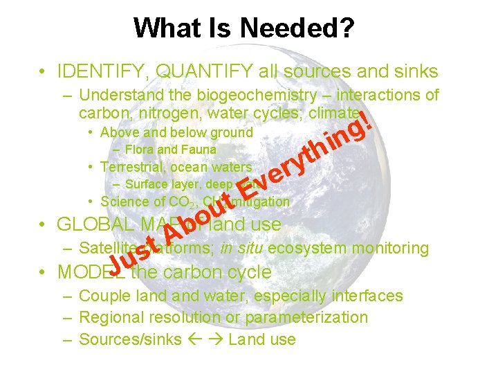 What Is Needed? • IDENTIFY, QUANTIFY all sources and sinks – Understand the biogeochemistry