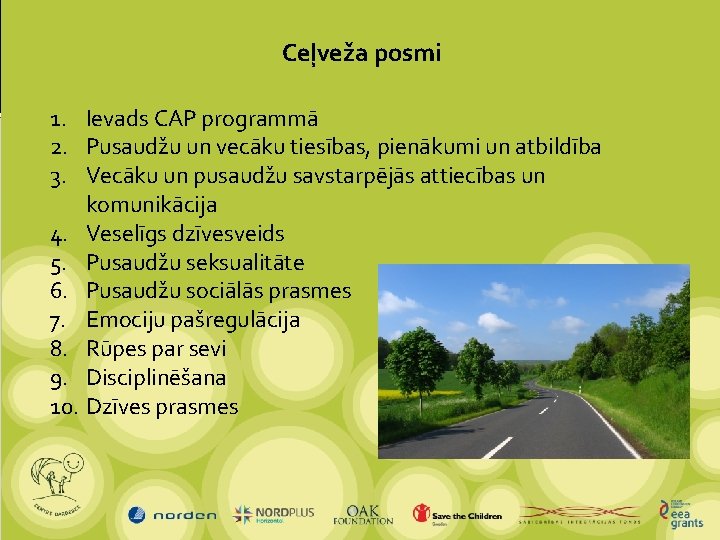 Ceļveža posmi 1. Ievads CAP programmā 2. Pusaudžu un vecāku tiesības, pienākumi un atbildība