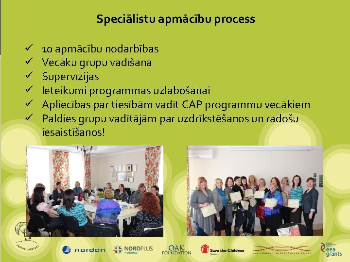 Speciālistu apmācību process ü ü ü 10 apmācību nodarbības Vecāku grupu vadīšana Supervīzijas Ieteikumi