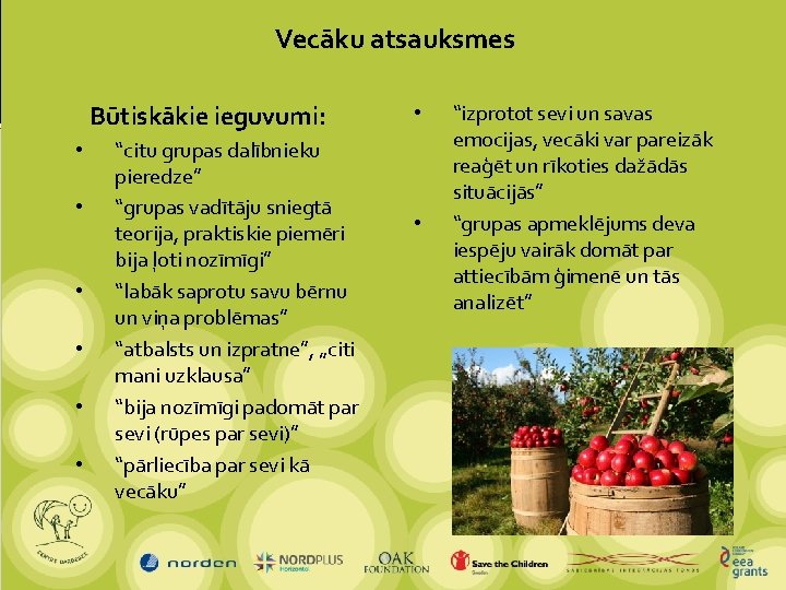 Vecāku atsauksmes Būtiskākie ieguvumi: • • • “citu grupas dalībnieku pieredze” “grupas vadītāju sniegtā