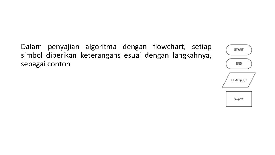 Dalam penyajian algoritma dengan flowchart, setiap simbol diberikan keterangans esuai dengan langkahnya, sebagai contoh