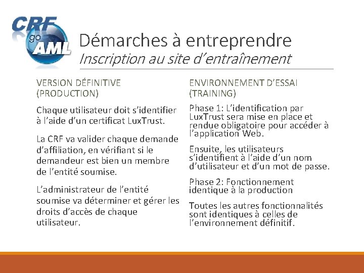 Démarches à entreprendre Inscription au site d’entraînement VERSION DÉFINITIVE (PRODUCTION) Chaque utilisateur doit s’identifier