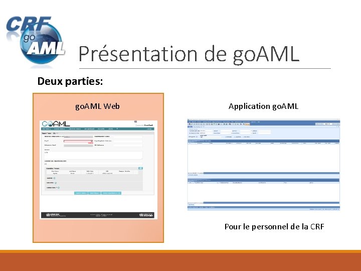 Présentation de go. AML Deux parties: go. AML Web Application go. AML Pour le