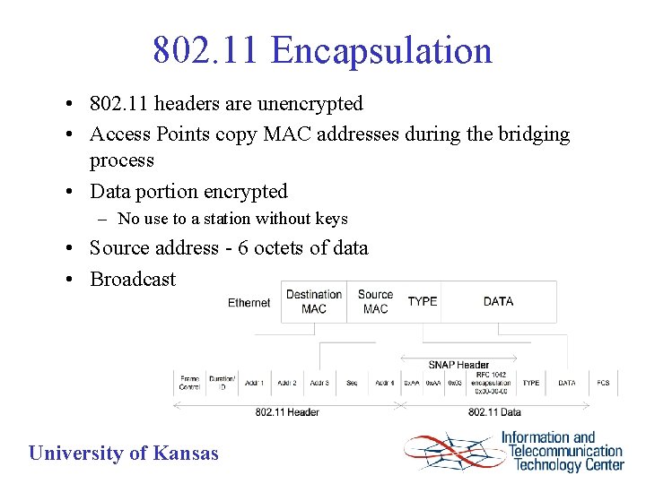 802. 11 Encapsulation • 802. 11 headers are unencrypted • Access Points copy MAC
