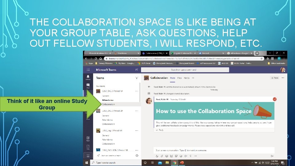 THE COLLABORATION SPACE IS LIKE BEING AT YOUR GROUP TABLE, ASK QUESTIONS, HELP OUT