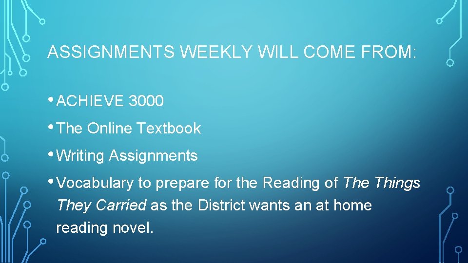 ASSIGNMENTS WEEKLY WILL COME FROM: • ACHIEVE 3000 • The Online Textbook • Writing