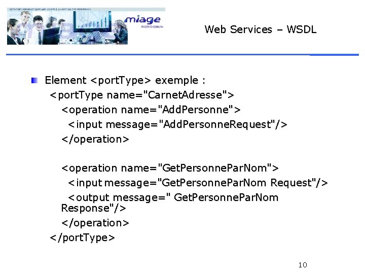 Web Services – WSDL Element <port. Type> exemple : <port. Type name="Carnet. Adresse"> <operation