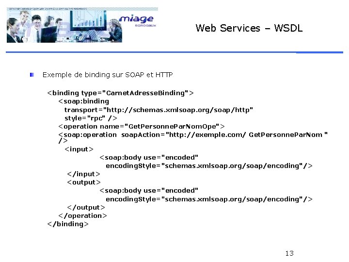 Web Services – WSDL Exemple de binding sur SOAP et HTTP <binding type="Carnet. Adresse.