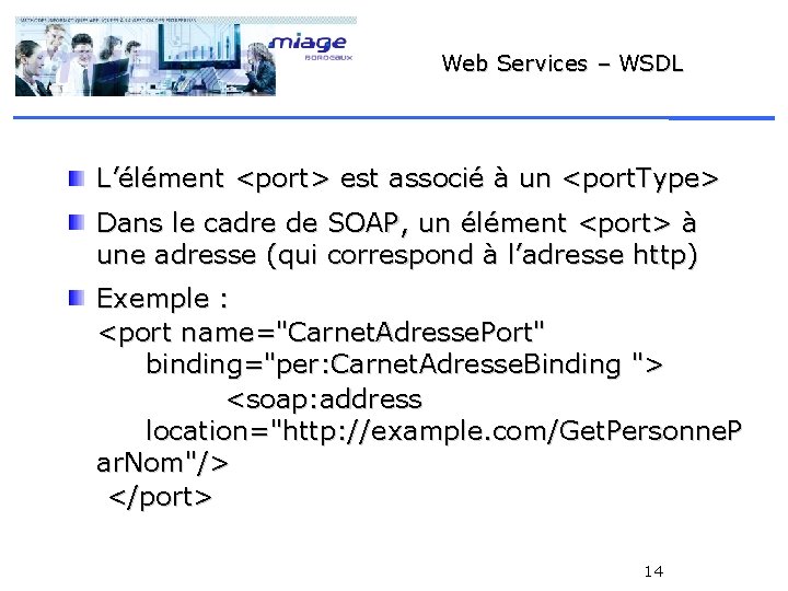 Web Services – WSDL L’élément <port> est associé à un <port. Type> Dans le