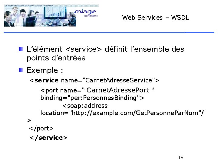 Web Services – WSDL L’élément <service> définit l’ensemble des points d’entrées Exemple : <service