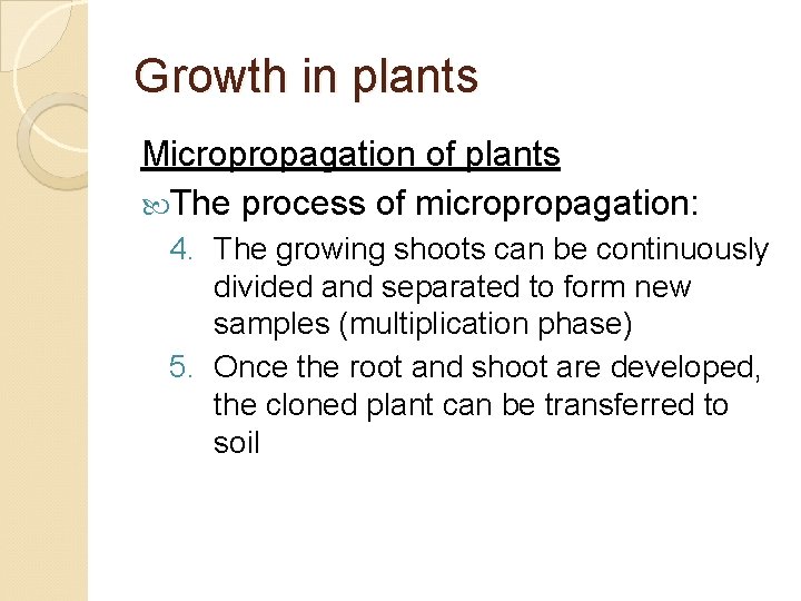 Growth in plants Micropropagation of plants The process of micropropagation: 4. The growing shoots