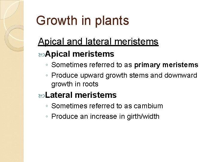 Growth in plants Apical and lateral meristems Apical meristems ◦ Sometimes referred to as