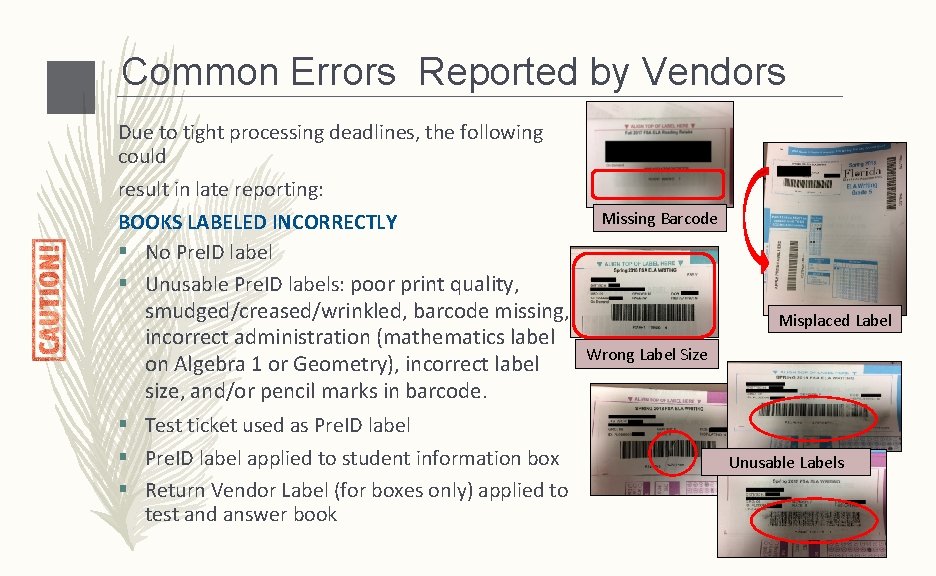 Common Errors Reported by Vendors Due to tight processing deadlines, the following could result