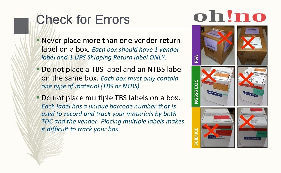 Check for Errors one type of material (TBS or NTBS). § Do not place