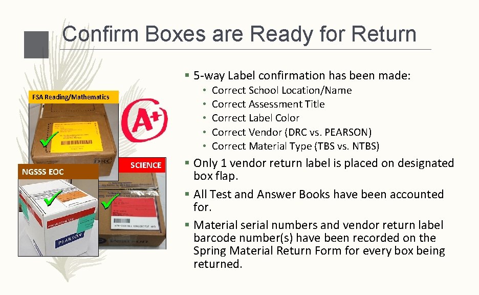 Confirm Boxes are Ready for Return § 5 -way Label confirmation has been made: