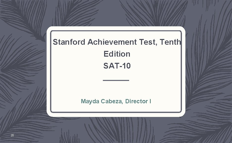 Stanford Achievement Test, Tenth Edition SAT-10 Mayda Cabeza, Director I 20 