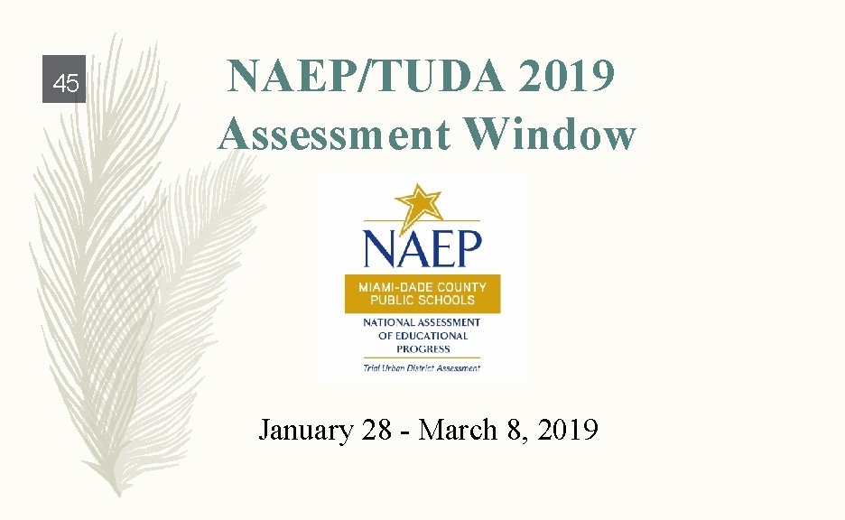 45 NAEP/TUDA 2019 Assessment Window January 28 - March 8, 2019 