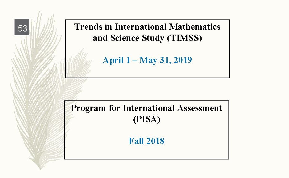 53 Trends in International Mathematics and Science Study (TIMSS) April 1 – May 31,