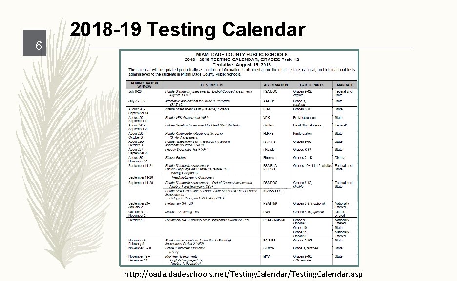 6 2018 -19 Testing Calendar http: //oada. dadeschools. net/Testing. Calendar. asp 