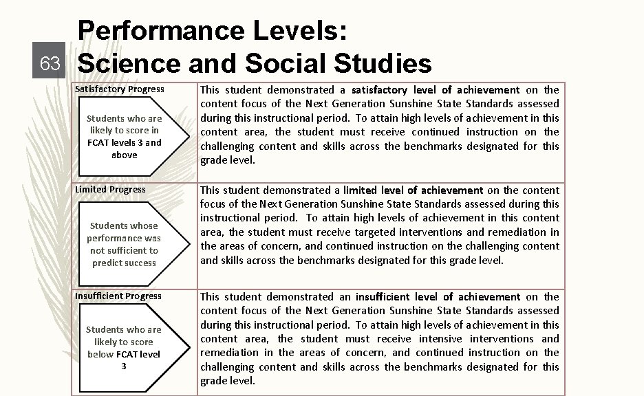 63 Performance Levels: Science and Social Studies Satisfactory Progress Students who are likely to