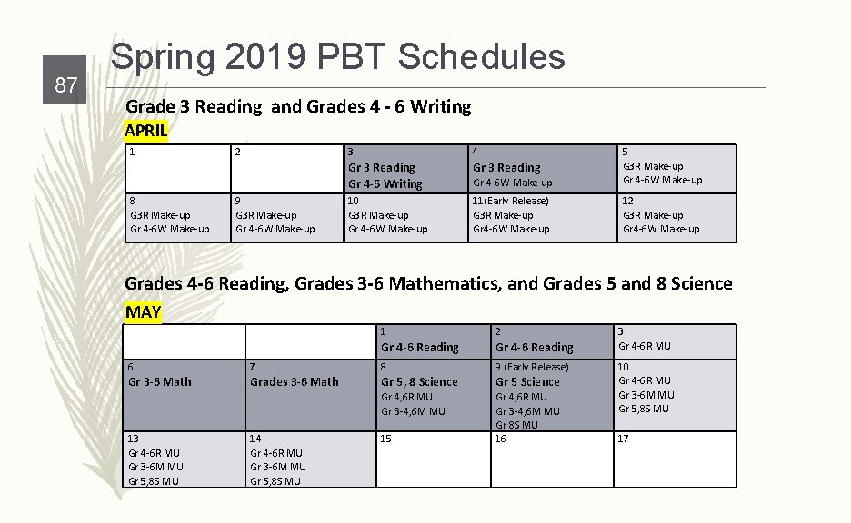 87 Spring 2019 PBT Schedules Grade 3 Reading and Grades 4 - 6 Writing