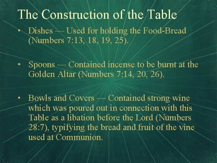 The Construction of the Table • Dishes — Used for holding the Food-Bread (Numbers
