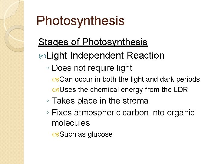Photosynthesis Stages of Photosynthesis Light Independent Reaction ◦ Does not require light Can occur