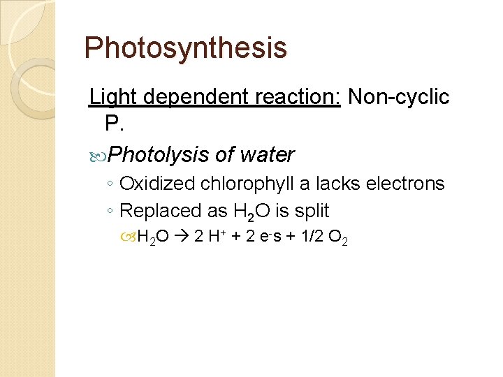 Photosynthesis Light dependent reaction: Non-cyclic P. Photolysis of water ◦ Oxidized chlorophyll a lacks